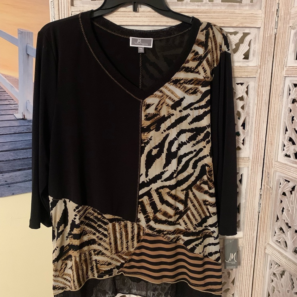 JM Collection Petite Women's Black and Animal Print Blouse; Size: Petite XL